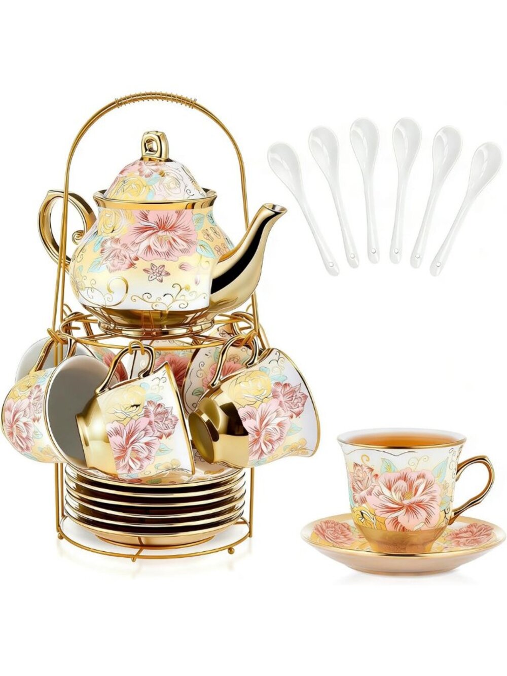 20-Piece Porcelain Tea Set with Metal Holder, Antique Floral Cups & Saucers for